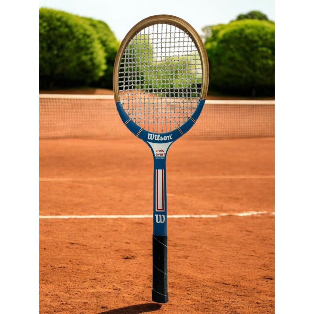 Vintage 70s Wilson Tennis Racket Blue White Wood Chris Evert American Home Decor
